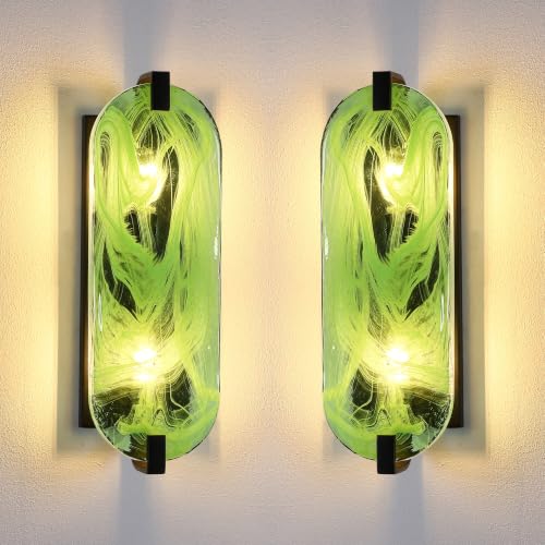 Image of 2 Pack 15.7 inch Green Oval Glass Bathroom Modern Black Wall Sconce