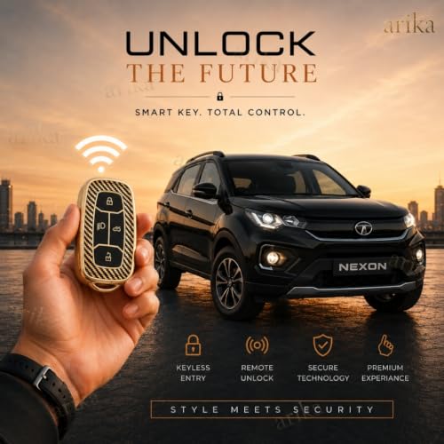 Image of arika Key Cover Compatible with Tata Harrier | Safari | Nexon | Altroz | Tigor | EV | Punch | Tiago EV Electric - 4 Button Smart Key , Imperial Gold Carbon Series