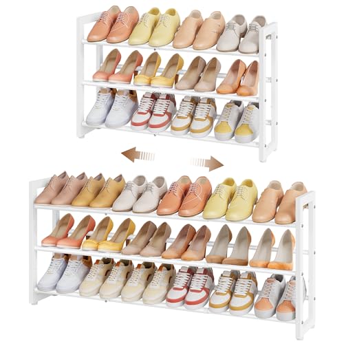 Hoctieon 3-Tier Expandable Shoe Rack, Adjustable Shoe Shelf Storage Organizer Space Saving Metal Free Standing Shoe Rack for Entryway Closet Doorway, White