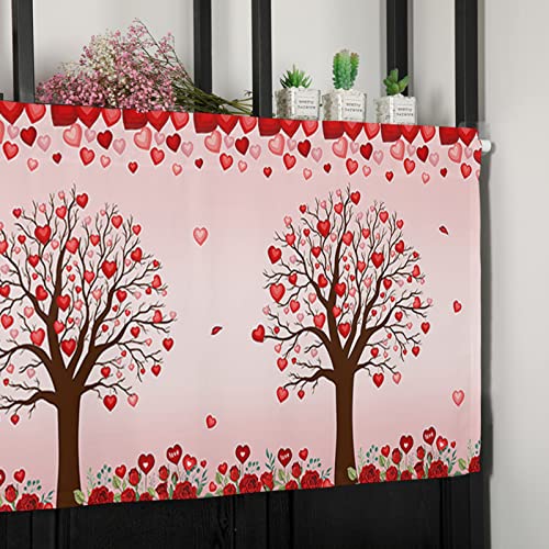 Ocomster Kitchen Curtain Valance, Valentines Rod Pocket Tier Curtain, Pink Red Love Heart Tree Romantic Roses Short Half Window Treatments For Living Room Bedroom, 54 X 18 Inch, 1 Panel #TOP6