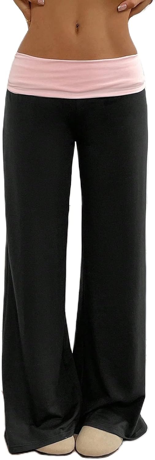 Yoawdats Fold Over Yoga Pants for Women Wide Leg Sweatpants Low Rise Flare Lounge Pant Bell Bottoms Y2K Foldover Pants