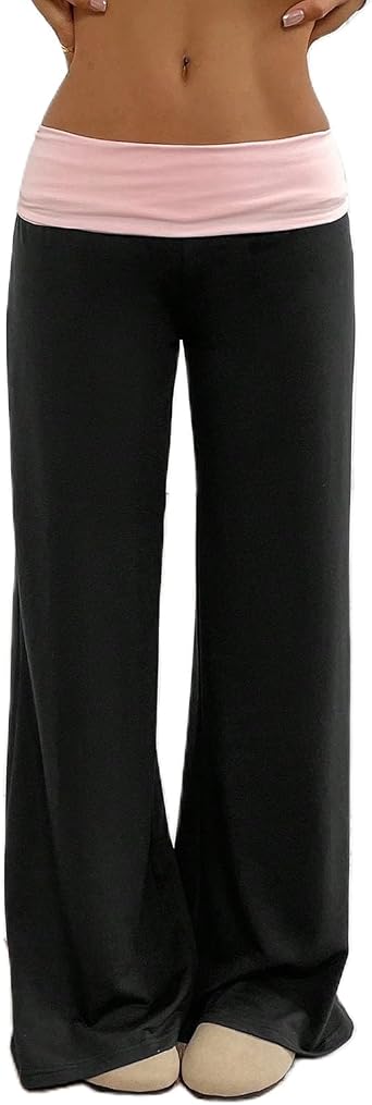 Yoawdats Fold Over Yoga Pants for Women Wide Leg Sweatpants Low Rise Flare Lounge Pant Bell Bottoms Y2K Foldover Pants