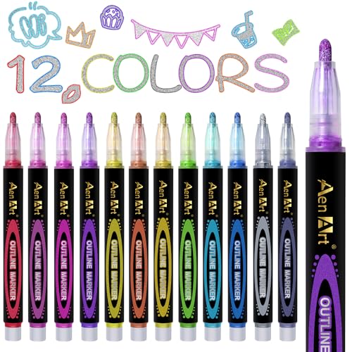 Aen Art 12 Colors Outline Shimmer Markers, Glitter Metallic Pens Drawing Art Supplies, Gift Trendy Stuff for Kids Girls Ages 4, 6, 8, 10, 12 Year Old