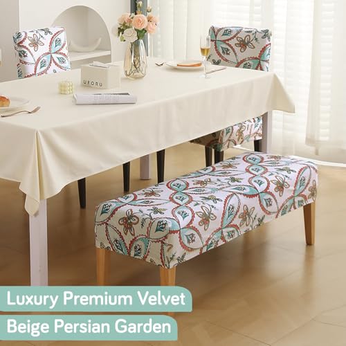 Image of HOKIPO Premium Printed Velvet Stretchable Dining Bench Slipcover, Beige Persian Garden (AR-5798-D9)