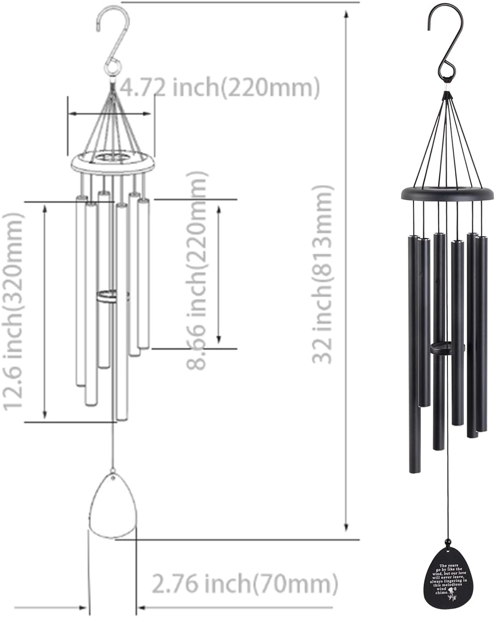 Outdoor Wind Chimes,6 Tubes,Pendant with Patterns - 32 Inch Black Metal Wind Chimes, Weatherproof & Rustproof Wind Chime for Outside,Garden,Patio,Porch - Decorative Windchime - Image 2