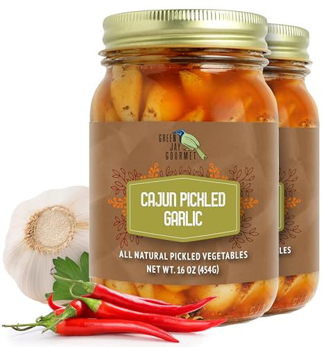 Green Jay Gourmet Cajun Pickled Garlic Cloves in a Jar - Fresh Garlic Bulbs for Cooking - Natural Ingredients - Freshly Made - Subtly Infused, Pre-Prepared - 2 x 16 Ounce Jars