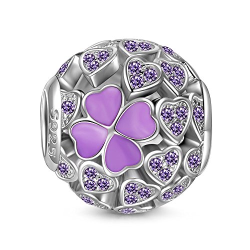 NINAQUEEN Charm Encaja con Pandora Púrpura Lila Trébol de Cuatro Hojas Regalos Mujer Originales Plata de Ley 925 Esmalte Abalorios para Niñas Madre Hija Esposa de Cumpleaños