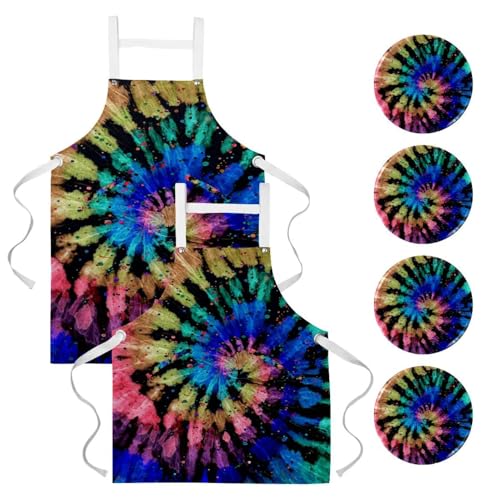 Lot de 2 tabliers de cuisine motif tie-dye multicolore pour nettoyage et bistrot