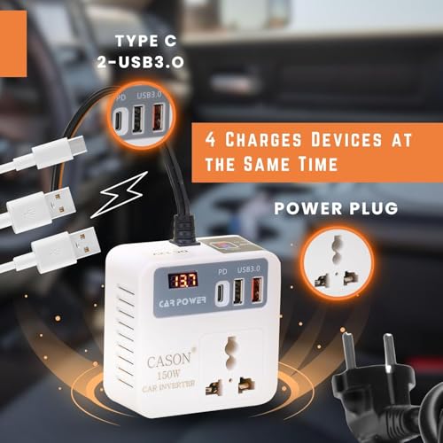 Image of Cason 150W Fast Charging Car Charger for Mobiles,Laptop /Power Inverter with 2 USB (3.1A Max) + 1 C Type Smart USB Charging Ports, 12V DC to 220V AC Converter (with Socket)