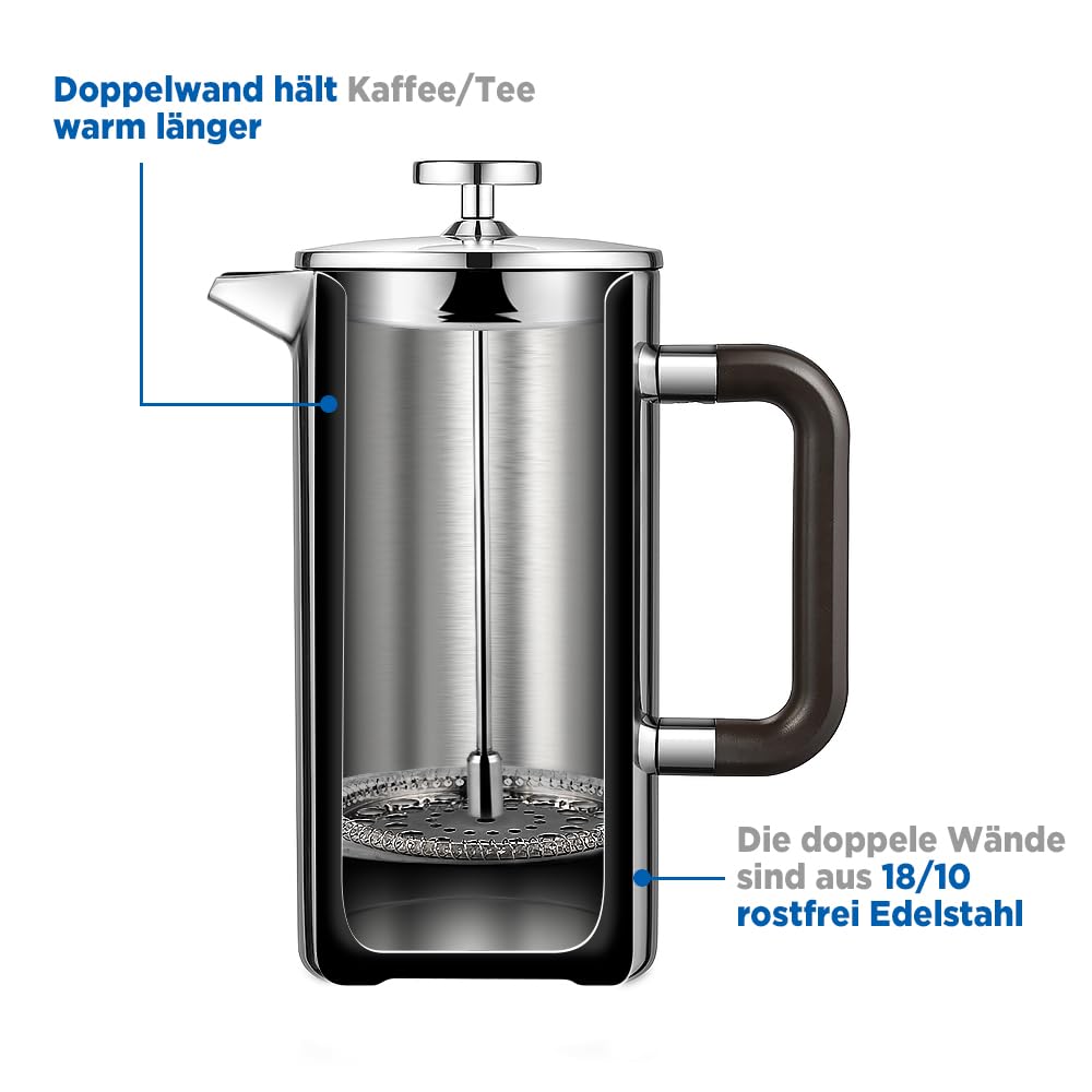 Ecooe 1.5L French Press Kaffee Doppelwandiger Kaffeebereiter aus 18/10 Rostenfrei Edelstahl mit 3 Filtern