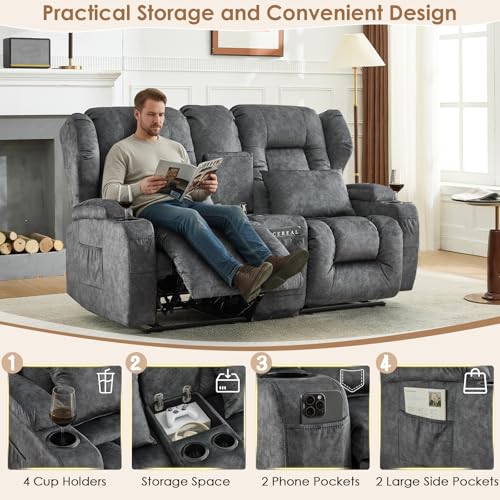 Image of SAMERY 65.5 inch Loveseat Recliner Sofa | Double Recliner Sofa & Console | Wall Hugger Loveseat Reclining RV Theater Seats | RV Couch Home Theater Seating Furniture (Velvet Charcoal)