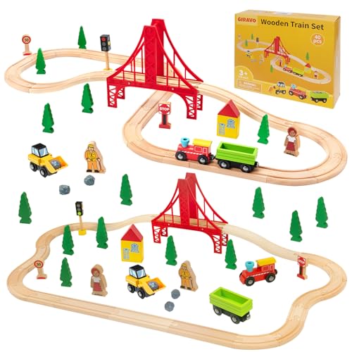 GIRAVO Train Set 40pcs Wooden Train Set for Toddler Kids, Magnetic Train Toys with Wooden Train Track fits Melissa and Doug, fits Brio,Thomas, for 18 Month+ Boys & Girls
