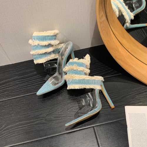 keleimusi Blue Denim Frayed Spiral Heeled Sandals for Women PVC Open Pointd Toe High Heels4