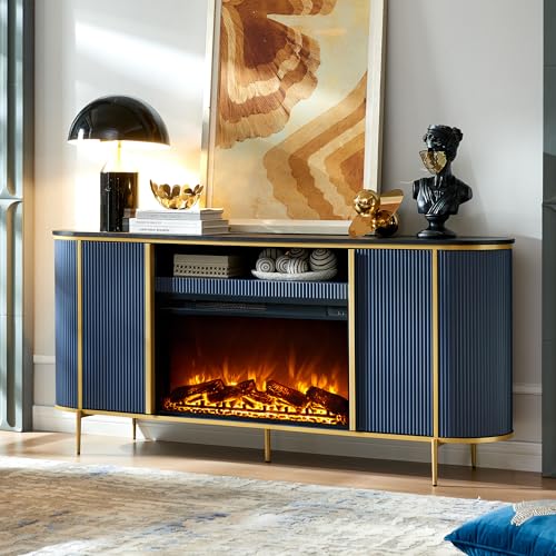 OKD-Luxury-70-Fluted-Fireplace-TV-Stand-Modern-Chic-Entertainment-Center-for-TVs-Up-to-80-inches-TV-Console-with-Faux-Marble-Top-Curved-Profile-Design-Media-Console-for-Living-Room-Navy-Blue OKD Luxury 70 Fluted Fireplace TV Stand Modern Chic Entertainment Center for TVs Up to 80 inches TV Console with Faux Marble Top Curved Profile Design Media Console for Living Room Navy Blue