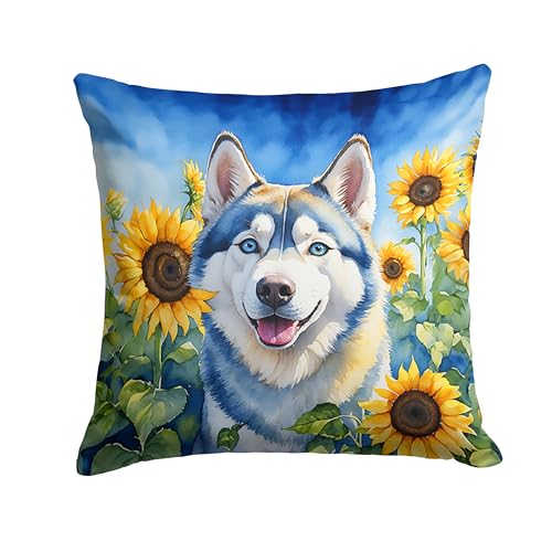 Caroline's Treasures in Sunflowers Throw Pillow, 14Hx14W, Siberian Husky 6163