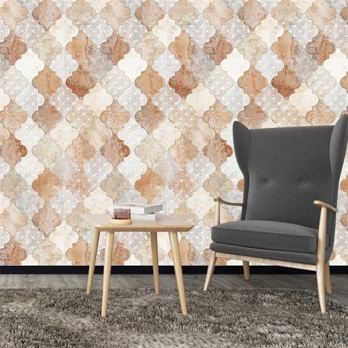 Papel tapiz autoadhesivo de PVC impermeable con diseño geométrico de color marrón retro para muebles y decoración del hogar, rollo de papel tapiz extraíble (45 x 200 cm)
