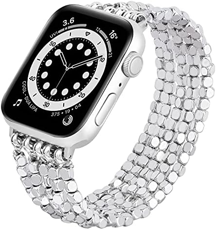 MOFREE Bracelet Compatible for Series 6 Apple Watch Band 40mm/38mm/41mm Series 7 SE 5 Women Fashion Handmade Elastic Stretch Beads Strap for iWatch Series 4/3/2/1 38mm/40mm Replacement Silver