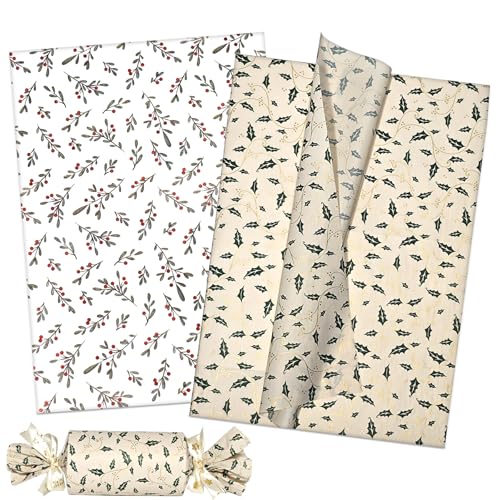LIAPAWPAW 60 Sheets Christmas Tissue Paper, Vintage Holly Berry Printed Xmas Tissue Paper for Gift Bags Packaging, Kraft Brown Boho Gift Wrapping Tissue Paper for Holiday Birthday Winter Party,20x14in