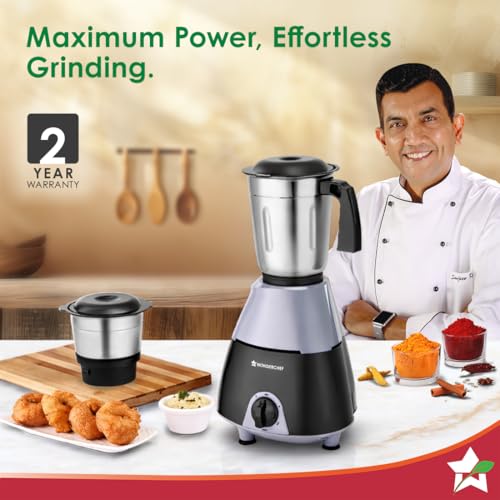 Image of Wonderchef Vista Neo Mixer Grinder for Kitchen, 500W, 2 Multi-purpose Jars, Stainless-steel Blades for Masala, Chutney, Idli /Dosa Batter, Puree, Paste, 3-Speed Control, Pulse Function, 2-Yr Warranty