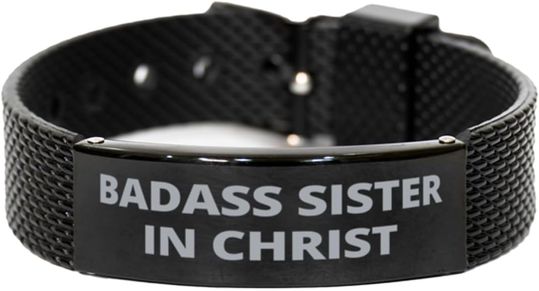 Black Shark Mesh Bracelet for BADAS Sister In Christ - Funny Gifts Birthday Christmas Gifts Engraved Jewelry For Teenager Men Women