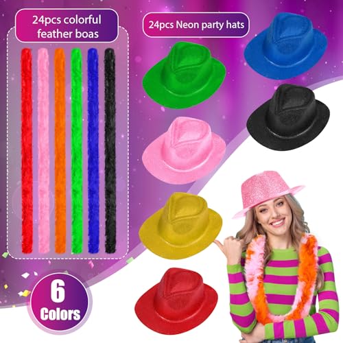 Yearntown 48 Pcs Neon Gangster Hat Party Supplies 24 Neon Gangster Hat 24 Feather Boas Bulk for Halloween Carnival Glow Party(Glitter Style) by Yearntown - Used condition - Image 3