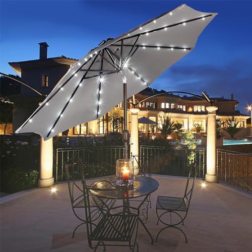 Image of Blissun 9 ft Solar Umbrella, 32 LED Lighted Patio Umbrella, Table Market Umbrella, Outdoor Umbrella for Garden, Deck, Backyard, Pool and Beach (Grey)