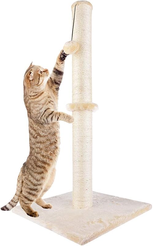 Dimaka 29" Height Tall Cat Scratching Post, Claw Scratcher with Sisal Rope and Covered with Soft Smooth Plush, Vertical Scratch [Full Strectch] for Standard Size Cats. (Beige)