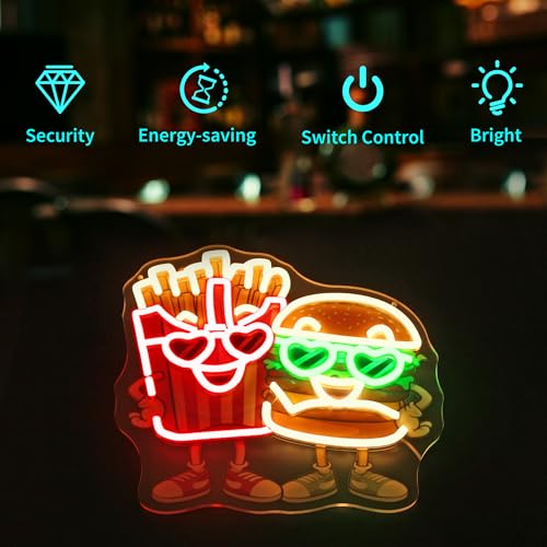 Image of Neon Sign, HSJNJKFU Hamburger and Fries LED Sign, UV Printed Neon Light Signs for Wall Decor, Kitchen, Cafe, Restaurant, Man Cave, Foodie Room Decor - USB Powered