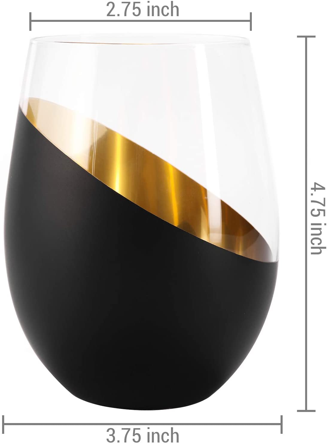 Set di 6 bicchieri da vino senza stelo dal design moderno, nero opaco e oro, 510 g, design inclinato