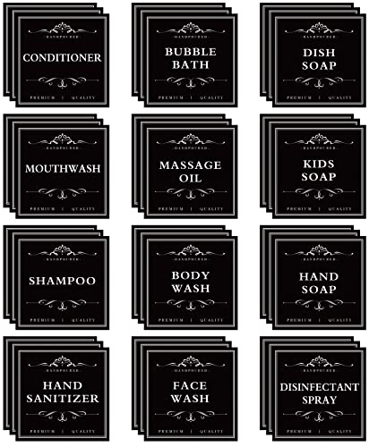 36 PCS Printed Waterproof Labels for Shampoo and Conditioner Bottles,Bathroom Soap Dispenser Organization Label Stickers Black