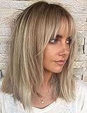 RENERSHOW Short Ombre Blonde Wig with Bangs Layered Straight Bob Synthetic Wigs for Women Mixed Blond Wig with Dark Roots Natural Looking Daily Party Wig(14inch)