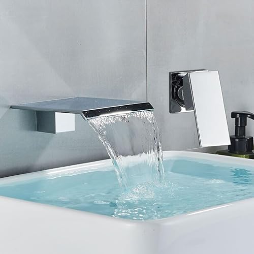 NURUGURE Bathroom Basin Faucet, Chrome Bathroom Basin Faucet Wall Mounted Widespread Waterfall Spout Hot Cold Mixer Tap for Vanity Sink