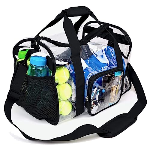 Large Heavy Duty Clear Duffel Bag with Shoes Compartment, Stadium Approved Clear Gym Bag with Adjustable Strap, Clear Tote Handbag for Home, Work, Concerts, Sports Events-Black2