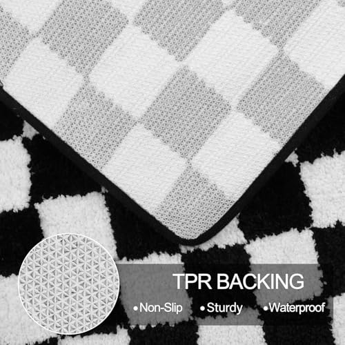 Image of Uphome Bathroom Runner Rug, Black and White Checkered Long Machine Washable Bath Mat Non Slip, 18x47 Water Absorbent Soft Microfiber Bath Rug for Tub, Shower, Floor