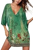 Ekouaer Women's Sleepshirt Deep V Neck Nightgown Batwing Nightshirt Oversized Sleepwear Light Pink Green Flower Medium