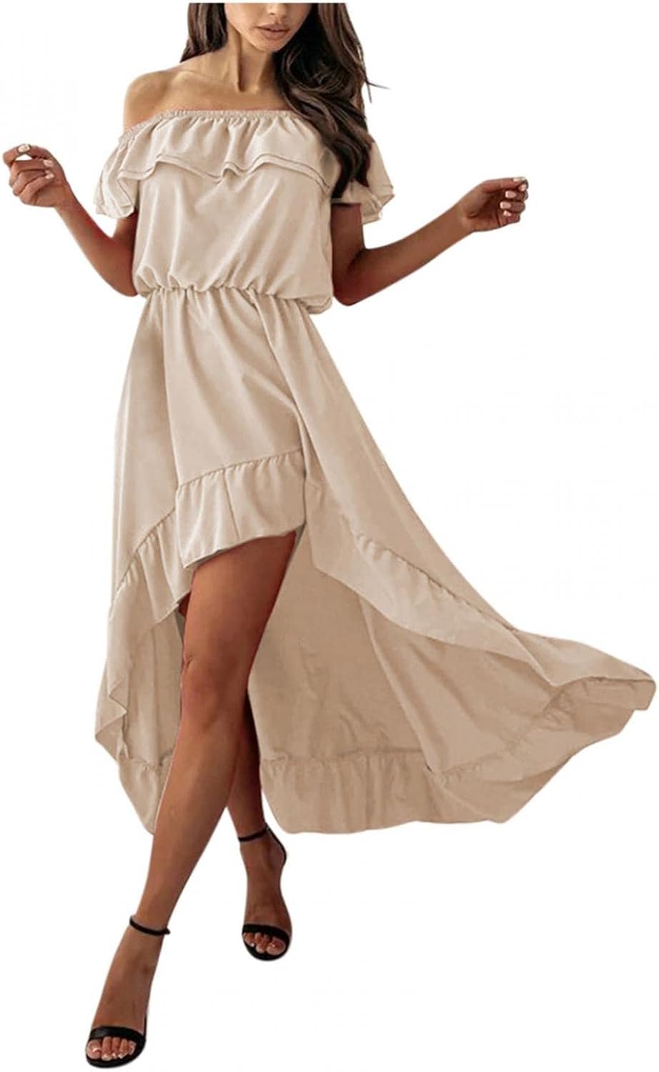 Sabwery ワンピース レディース 短袖 きれいめ フリル ボートネック ロングワンピース ゆったり ウエストマーク 無地 ドレス ロング丈 秋 ファッション おしゃれ イブニングドレス 夏 フレア 忘年会 パーティー 冬 春 エレガント お呼ばれ 海外