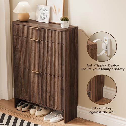 Image of Fluted Shoe Cabinet Storage with 2 Flip Drawers & 1 Drawers, Wood Narrow Hidden Shoe Cabinet for Entryway, Freestanding Slim Shoe Rack Organizer for Foyer Hallway Living Room(Walnut)