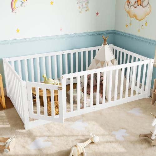 Bellemave Twin Size Kids Floor Bed with Safety Guardrails & Door, Woode Montessori Floor Bed Frame, Kids Twin Bed Frame for Girls Boys, White