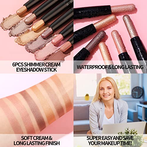 Kimuse 6Pcs Shimmer Cream Eyeshadow Stick,Brightener Eyeshadow Pencil Crayon,Waterproof Eye Shadow Stick Sets With Crease-Proof, Smudge-Proof And Long Lasting Eye Shadow Make Up #TOP2