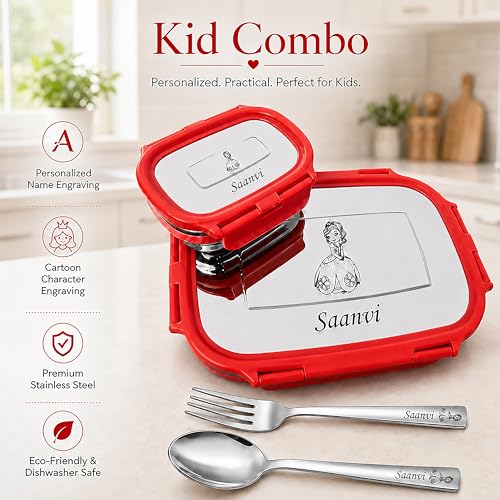 Image of SAVRI Personalized Kid Combo - Custom Photo Printed Metal Bottle & Engraved Steel Lunch Box with Spoon & Fork | Name & Character Engraved | Kids Christmas Gift, Birthday Gift, Return Gift