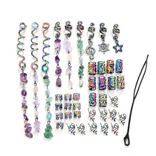Set di accessori per capelli bohémien con ciondolo a spirale iridescente e polsini cavi in metallo elettrolitico arcobaleno per dreadlock, trecce reggae, trecce etniche hippie intrecciate gioielli per