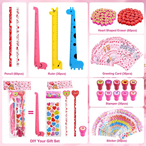 30 Pack Valentines Day Assorted Stationery Value Gift Set Kids Classroom Exchange Pencil Eraser Ruler Stamper And Stickers Classroom Prizes Goodie Bag Party Supplies #TOP1