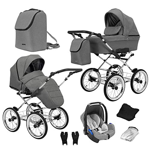 Retro Kinderwagen 3in1 2in1 Isofix Kombikinderwagen Set + Zubehör Farbauswahl Romantic Exclusive by ChillyKids Stone ROM-06 3in1 mit Babyschale Cover