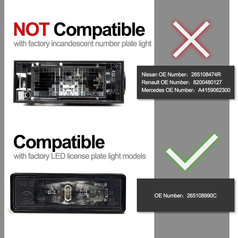 2 luci a LED per targa, colore bianco, per Clio V Espace V Koleos II Megane IV 5 porte Hatchback/Grandtour Scenic IV Talisman Master III Movano B 19-24 GT-R R35 Q50