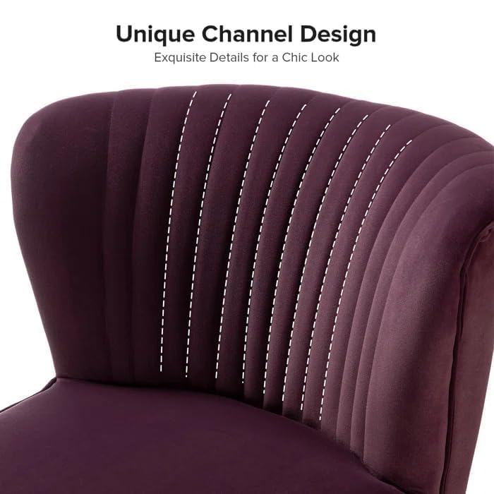 Image of Modern Upholstered Accent Velvet Chair Single Seater Channel Tufted Wing Back Chair with Golden Matel Legs for Living Room, Bedroom, Dining Room, Purple