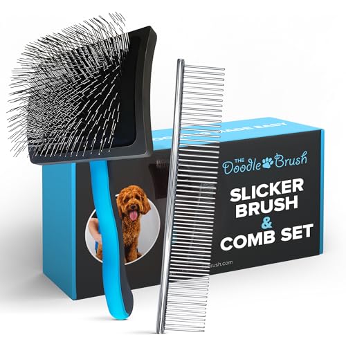 The Doodle Brush Pflegeset Extra Lange Pins Slicker Bürste & Metall Hundekämme Set für Fellpflege, Entwirrungs- & Finishing Metallkamm für Hunde, Entfernt Verfilzungenl, Labradoodle, Goldendoodle