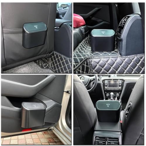 Image of Car Trash Bin with Push Lid and Hanging Hook - Compact Plastic Garbage Can for Car Door, Seat Back Pocket and Desk Use - Black