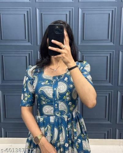 Image of Modestouze Attires Women's Paisley Pattern Rayon Midi Dress with Half Puff Sleeve Round Neck Calf Length and Pull On Closure Type