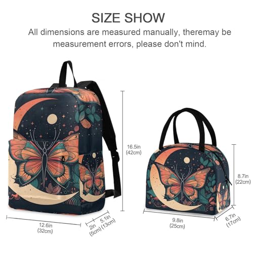 Backpack Lunch Box Set Large Capacity Travel Backpacks and Insulated Lunch Bag for Commute Hiking Picnic Boho Butterfly Moon Print2