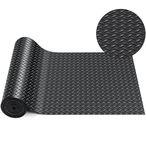 Image of Breling 12 in x 20 ft Rubber Flooring Rolls Mats, Heavy Duty Diamond Plate Garage Floor Mat, PVC Water /Stain Outside Resistant Parking Rv Trailer Flooring (Black)